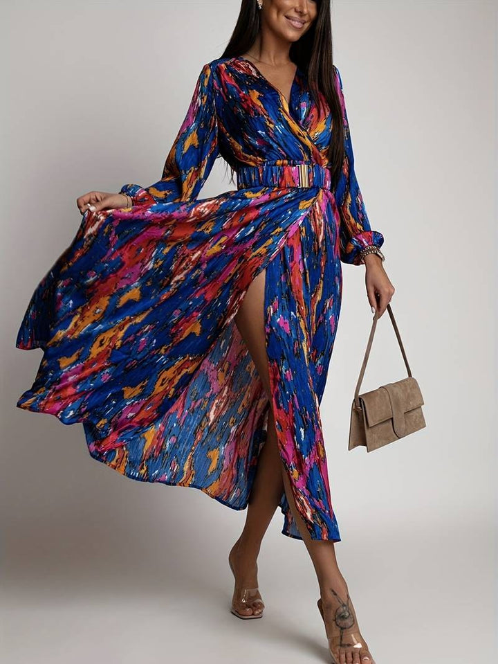 Zwierige maxi overslagjurk met moderne print
