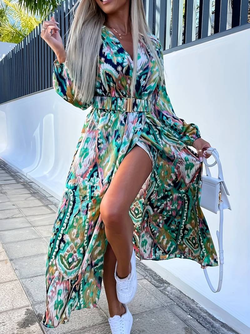 Zwierige maxi overslagjurk met moderne print