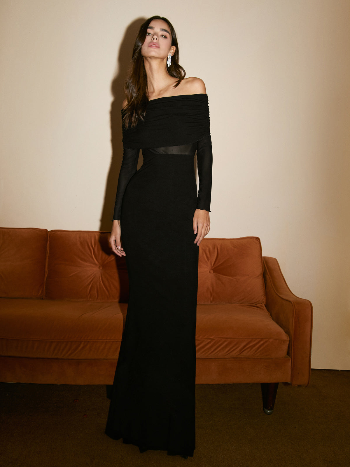 Off-Shoulder Mesh Lange Jurk