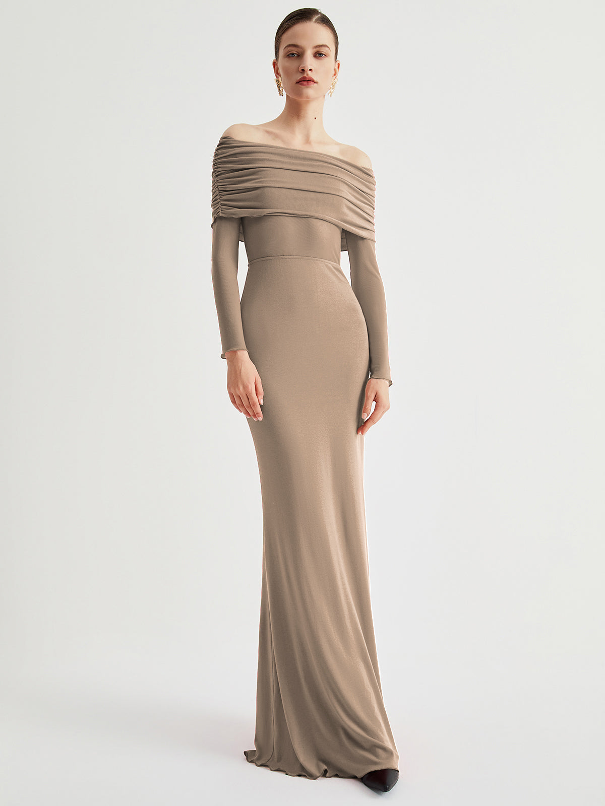 Off-Shoulder Mesh Lange Jurk