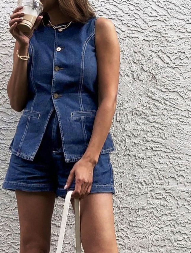 Denim Top met Shorts Set