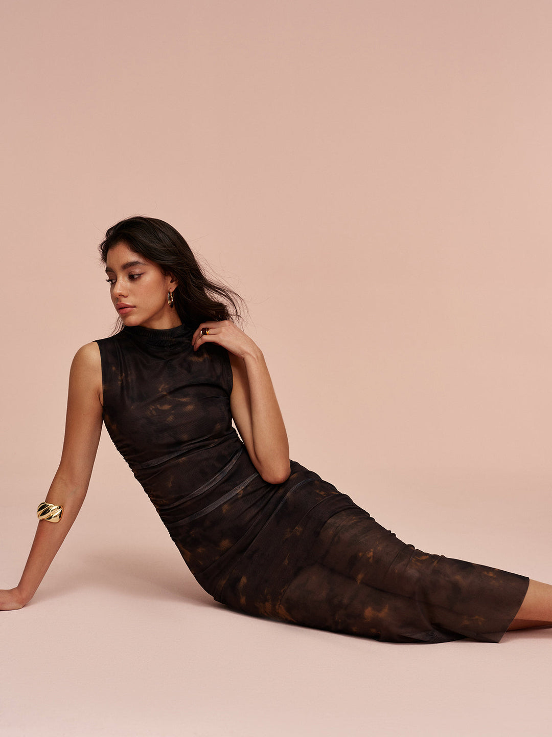 Jersey Gevoerde Mouwloze Mesh Jurk